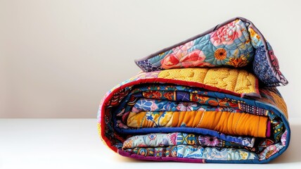 Colorful folded quilt with intricate patterns displayed on surface