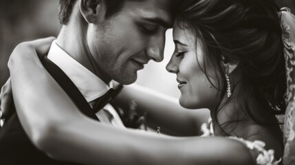 A man and woman are embracing each other in a wedding photo. The man is wearing a suit and tie, and the woman is wearing a wedding dress. The photo captures a moment of love
