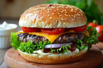 Delicious cheeseburger sitting on a wooden platter with lettuce, tomato, and onion