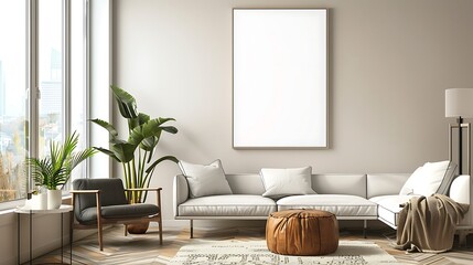 Modern Living Room Interior with White Sofa and Large Empty Frame