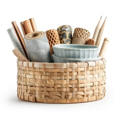 Obraz premium A beautiful still life of a woven basket filled with various items including rolled paper, textured sticks, a bowl, and other assorted items