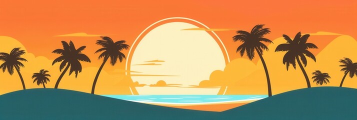 Obraz premium Simple and vibrant illustration featuring palm tree silhouettes against a sunset backdrop over the ocean. Generative AI