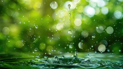 Water droplets splash in green nature background with bokeh