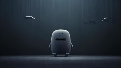 Adorable round creature with smooth gray skin stands alone in shadowy room. Minimalist design, eerie atmosphere. Two distant lights illuminate scene, creating suspenseful mood with touch of whimsy.	