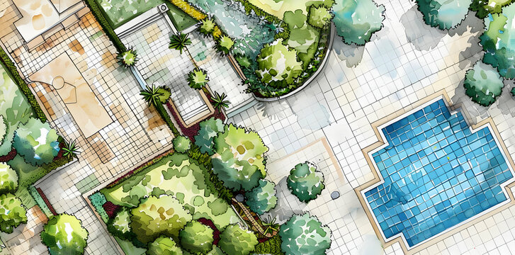 Aerial View Watercolor Illustration of a Backyard Landscape Design with a Pool