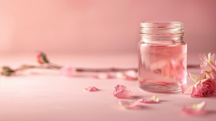 Glass jar of rose water surrounded by pink petals
