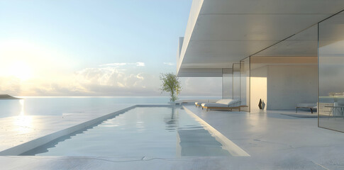 Modern Minimalist Swimming Pool and Deck with Ocean View 3D Render