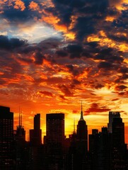 Fototapeta premium A vibrant sunset illuminates a dramatic sky above a modern cityscape, showcasing a dynamic skyline of skyscrapers. Generative AI