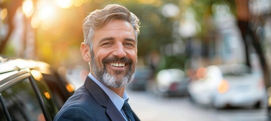 Confident businessman adjusting suit jacket stepping out of luxury limousine with a smile
