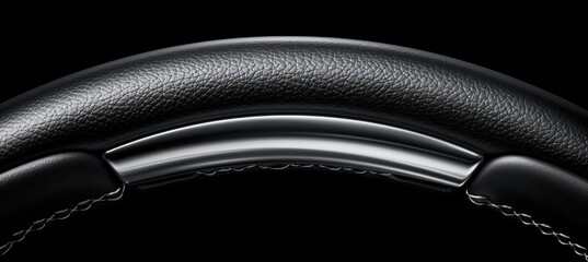 Close up of sleek black leather steering wheel with elegant silver gear shift paddle