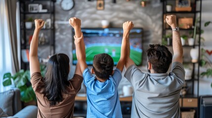 Family celebrating soccer goal in living room, united in victory as tv displays match highlights