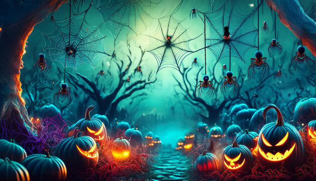 Paisaje tenebroso de Halloween con calabazas iluminadas y ara&ntilde;as colgando