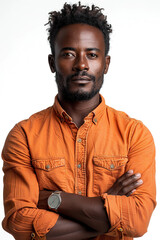 Obraz premium A confident man with a beard, wearing an orange shirt and a watch, stands with his arms crossed. Generated by AI.