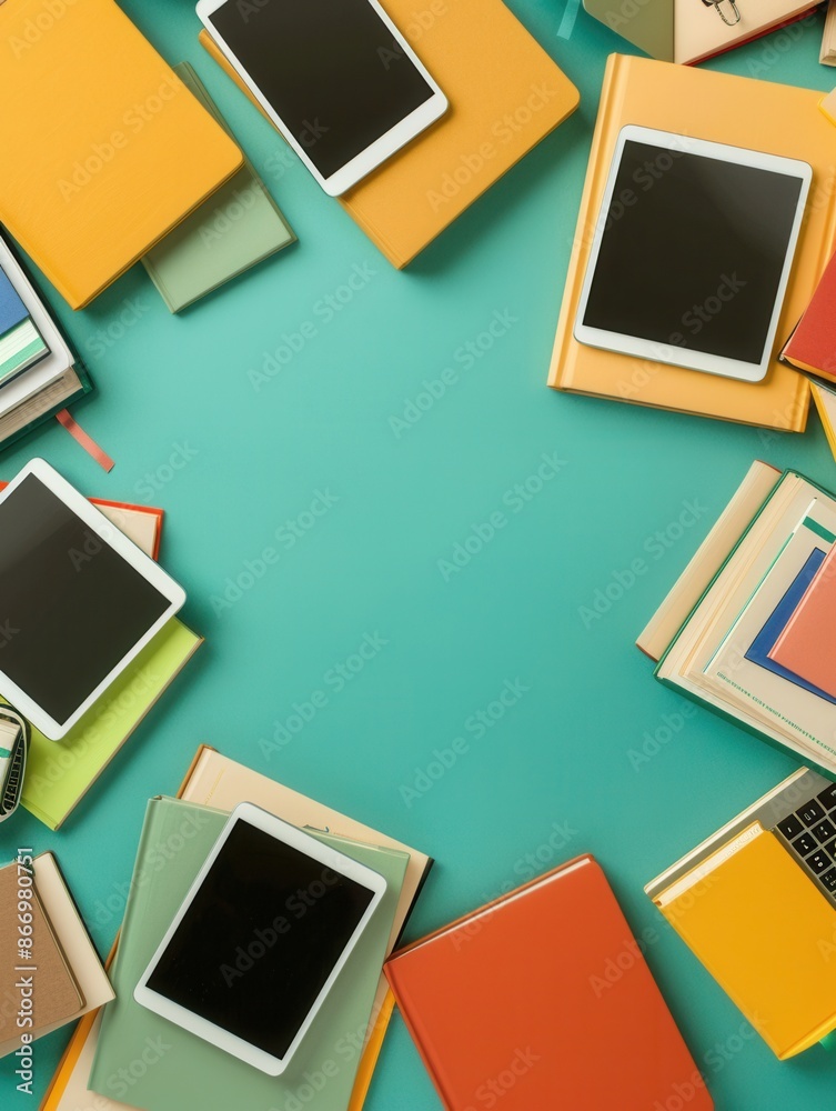 Leinwandbilder E-readers and tablets displaying educational content, surrounded by colorful textbooks, showcasing a modern approach to learning. Generative AI