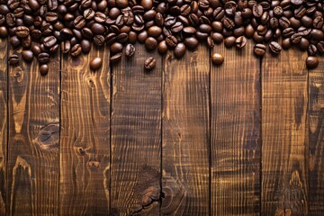 A wooden background with a pile of coffee beans on top. The beans are spread out and some are piled up in the middle