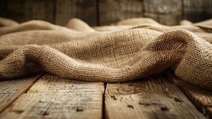Fototapeta premium A piece of burlap fabric is laying on a wooden surface. The fabric is wrinkled and has a rough texture. The wooden surface is also rough and uneven, giving the scene a rustic and natural feel