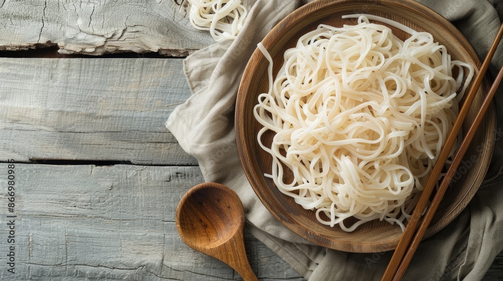 Poster healthy rice noodles on wooden plate copy space