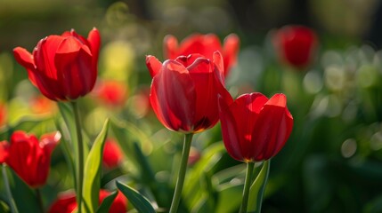 Fototapeta premium Red tulips blooming in a sunny garden, close-up view. Springtime and nature concept