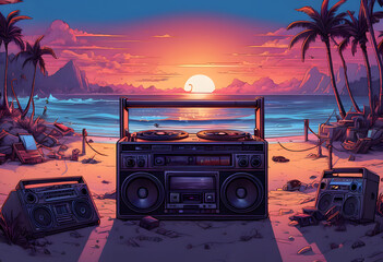 Music box in the beach and sunset in retro vintage anime style, Music Background