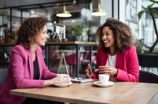 Two professional women in pink blazers having a lively discussion over coffee in a modern cafe