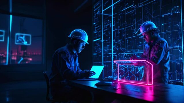 A man wearing a hard hat is sitting at a desk in a dark room. He is looking at a laptop. There is a glowing pink cube on the desk. Another man stands to the right in the background.
