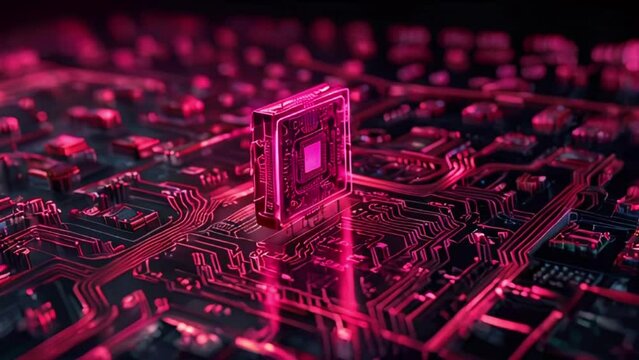 A glowing pink computer chip on a circuit board.
