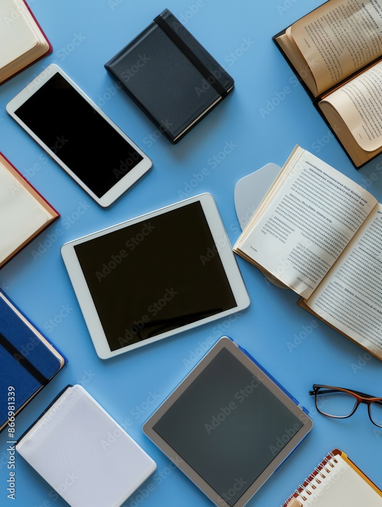 Leinwandbilder a flat lay featuring various tablets and e-readers displaying educational materials and e-textbooks,