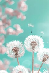 Obraz premium Dandelion seeds silhouetted on vibrant blue sky with soft bokeh focus on delicate wispy details
