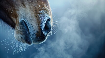 Close-up of horse's frosty nose with visible warm breath in cold weather