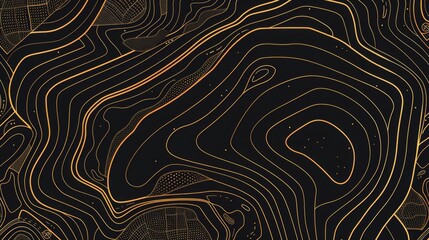 Topographic line map pattern background vector illustration with dark black and gold colors, topographical lines.