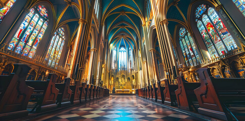 Obraz premium Interior View of a Church with Stained Glass Windows, Wooden Pews, and a Gold Altar - Realistic Image