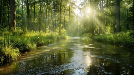 Fototapeta premium Morning on a Forest River in Summer