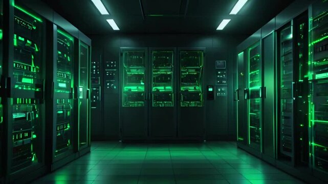 A dark room with multiple server racks with green lights.