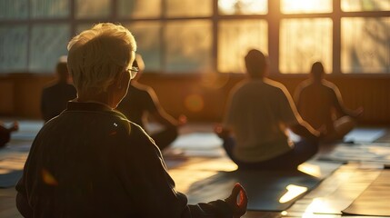 A group of people meditate in a yoga class, bathed in the golden light of the setting sun.
