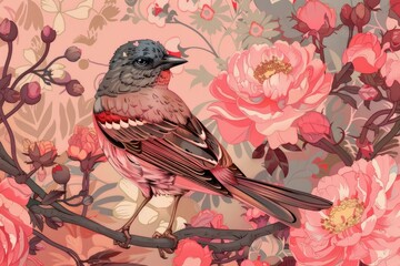 Illustration of a beautiful bird with pink, grey and white feathers sitting on a branch surrounded by a floral pattern and pink roses
