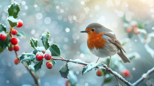 Robin perched on snow-covered holly branch with berries, winter scene. Nature and wildlife concept