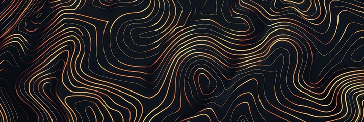 Topographic line map pattern background vector illustration with dark black and gold colors, topographical lines.