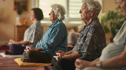 Group of senior women meditating together in a peaceful setting.
