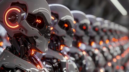Fototapeta premium Robotic army with glowing orange lights, futuristic technology concept