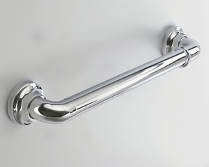 Chrome bathroom grab bar with rounded ends, mounted on white wall.