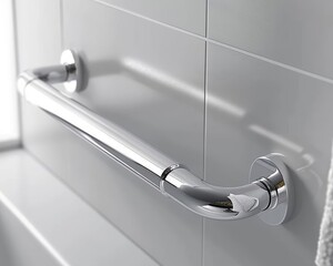 Chrome bathroom safety grab bar mounted on tiled wall.