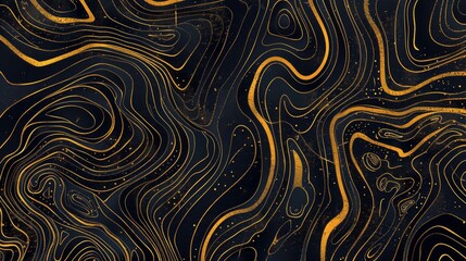 Topographic line map pattern background vector illustration with dark black and gold colors, topographical lines.