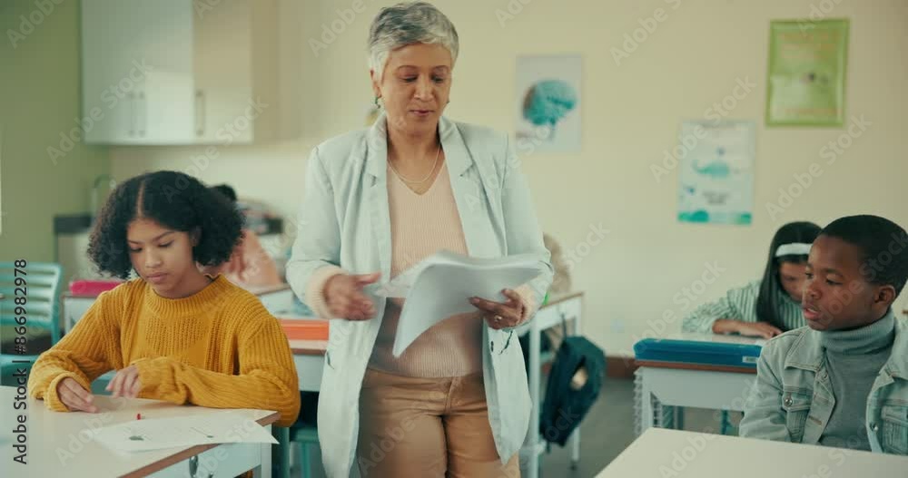 Poster teacher, paper and students in classroom for exam, test and knowledge in elementary school. educatio