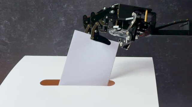 A robotic arm holds a blank card, placing it into a slot on a white surface with a dark background.