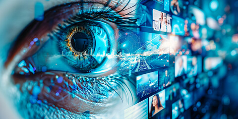 An eye reflecting myriad digital screens symbolizes the convergence of human perception and digital information.