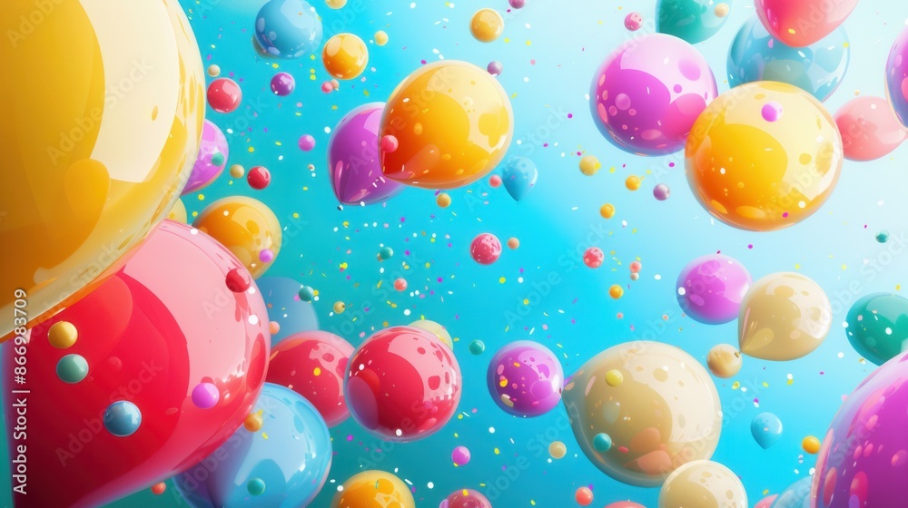 Aufkleber a cheerful image of colorful balloons floating in a blue sky with confetti. perfect for parties and 
