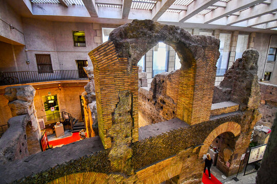General view of Roman ruins at the underground Stadium of Domitian museum, an Unesco World Heritage Site beneath the Piazza Navona, in the Centro Storico district of Rome, Italy, August 8 2023.