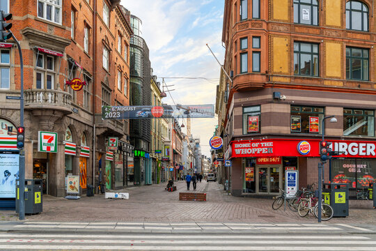 General view from City Hall Square of the entrance to the historic Stroget pedestrian shopping zone, one of the longest pedestrian shopping streets in Europe, Copenhagen Denmark, September 9 2023.