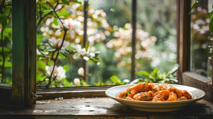 Freshly prepared pasta sits on window sill, surrounded by lush greenery outside