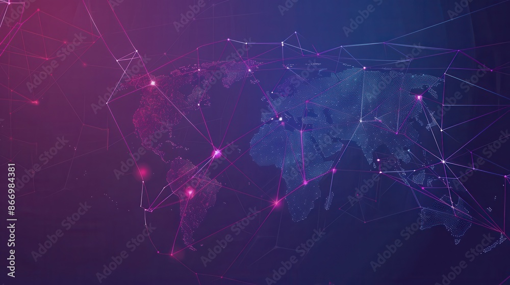 Fototapete minimalist world map with highlighted travel routes, connected globe on purple/blue gradient. great 